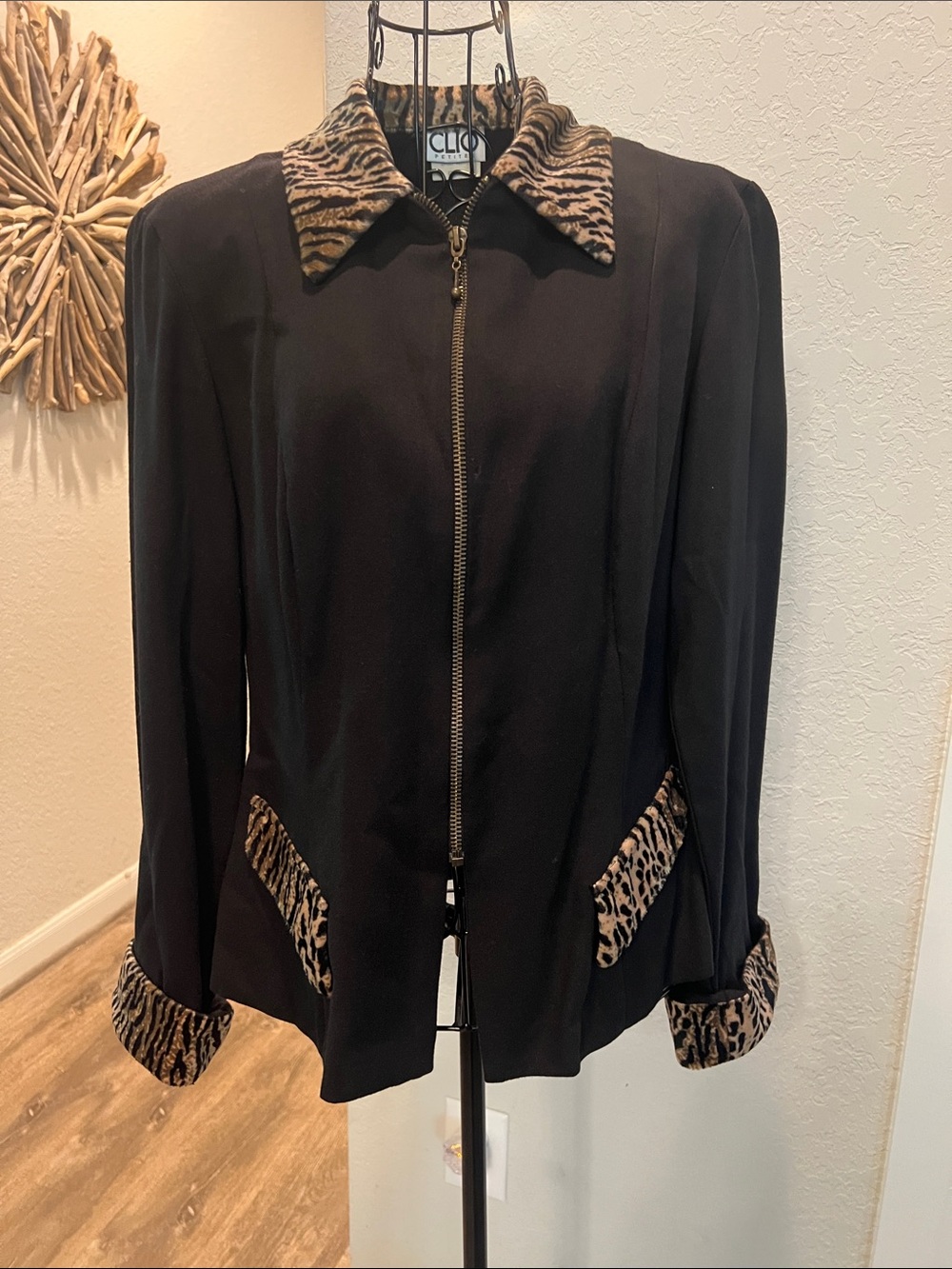 Black Jacket with Leopard Trim - Women's Coat